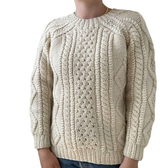 Vintage 1990s Esprit White 100% Wool Cable Knit Chunky Fisherman Sweater Sz S - Picture 1 of 7
